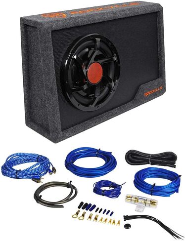 Rockville RWS10CA Bundle: 1000W 10-in Slim Powered Car Subwoofer Enclosure with Built-in Amplifier, RWK81 8 Gauge Complete Amp Installation Wiring Kit with 100% Copper RCA Cables, 2-Items in Saudi Arabia