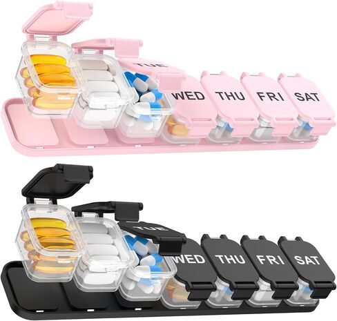 Extra Large Weekly Pill Organizer 7 Day - Portable Daily Pill Box with 7 Detachable Compartments, Vitamin Holder and Medicine Organizer for Supplements, Home and Travel, Black in Saudi Arabia
