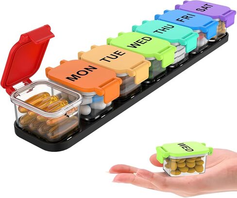 Extra Large Weekly Pill Organizer 7 Day - Portable Daily Pill Box with 7 Detachable Compartments, Vitamin Holder and Medicine Organizer for Supplements, Home and Travel, Black in Saudi Arabia