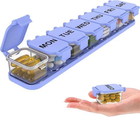 Extra Large Weekly Pill Organizer 7 Day - Portable Daily Pill Box with 7 Detachable Compartments, Vitamin Holder and Medicine Organizer for Supplements, Home and Travel, Black in Saudi Arabia