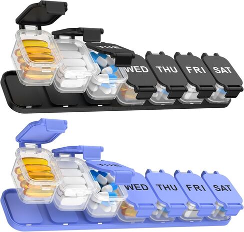 Extra Large Weekly Pill Organizer 7 Day - Portable Daily Pill Box with 7 Detachable Compartments, Vitamin Holder and Medicine Organizer for Supplements, Home and Travel, Black in Saudi Arabia
