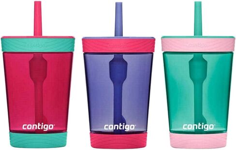 Contigo Kids Spill Proof Tumbler w/Straw & Soft Grip Bottom Pad - BPA Free, Durable Tritan, Spill-Proof Valve -Great for Children, Travel, School - Cherry Blossom, Westeria, Persian Green-14oz, 3 Pack in Saudi Arabia
