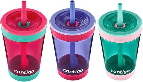 Contigo Kids Spill Proof Tumbler w/Straw & Soft Grip Bottom Pad - BPA Free, Durable Tritan, Spill-Proof Valve -Great for Children, Travel, School - Cherry Blossom, Westeria, Persian Green-14oz, 3 Pack in Saudi Arabia