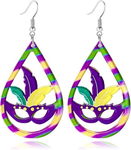 Dreuyet Mardi Gras Earring Colorful Acrylic Carnival Cosplay Party Earring Crown Carnival Mask Letter MARDI GRAS Dangle Earrings Funny Drop Earrings in Saudi Arabia