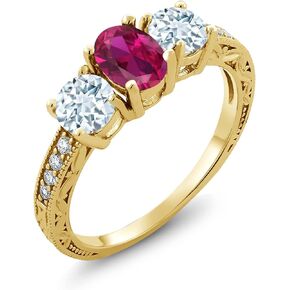 Gem Stone King 1.97 Ct Red Created Ruby Sky Blue Aquamarine 18K Yellow Gold Plated Silver Moissanite Ring