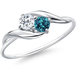 Gem Stone King 10K White Gold Round White Topaz and London Blue Topaz Ring For Women (0.44 Cttw, Round 3.5MM, Gemstone Birthstone, Available in Size 5,6,7,8,9)