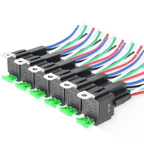 MNJ MOTOR 6 Pack Car Relay Harness 12V DC 30A Fuse Relay Switch Harness Kit, 5 Pin SPST Automotive Relays with 14 AWG Hot Wires for Auto Cars Lights, Fog Lamps, Wiper, Starter, Fans and More