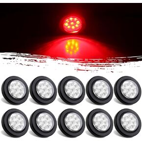 10Pcs 2" Inch Round Red Led Trailer Side Marker Clearance Lights Kit Clear Lens 9 LED Reflectors w/Rubber Lights Grommets and 2 Prong Wire Pigtails Sealed Waterproof Marker Lights for Trucks 12V