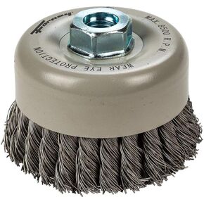 Forney 72868 Wire Cup Brush, Twisted/Knotted Wire, Double Row, Industrial Pro® 4" x .020" Wire with 5/8"-11 Arbor