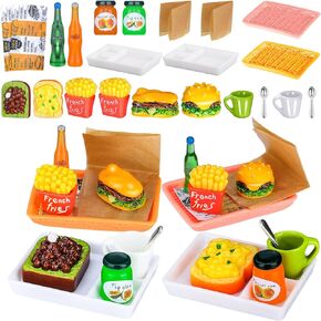 Miniature Tea Dollhouse Kitchen Accessories Set Mini Food for Dollhouse Snacks Resin Kitchen Accessories Juice Hamburger Milk Bread Jam Cup Egg Pretend Play Food Toys (Rich Style,20 Pieces)