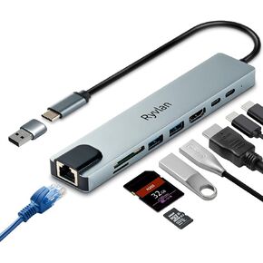 Ryvlan 8-in-1 Port USB-C Hub (with USB-A Adapter)- USB C to HDMI Adapter (4K) - USB-C Multiport Adapter - USB C Splitter - USB-C Dock Station for Type C Devices - 100W Fast Charging Hub Adapter