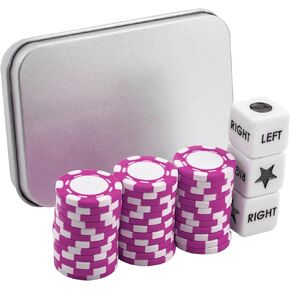 مجموعة ألعاب النرد في المنتصف من اليسار واليمين مع 3 نردات + 36 رقاقة بوكر أرجوانية وصندوق تخزين فضي in Kuwait