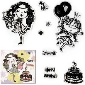2Pcs Cute Girls Clear Stamps for Card Making and Photo Album Decorations, Happy Birthday Clear Stamps, Words Princess Transparent Silicone Rubber Stamps for Card Making and DIY Scrapbooking