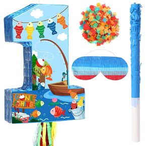 Aoriher Gone Fishing Pinata Ofishally One Birthday Pinata Summer Fishing Pinata Little Fisherman 1st Pinata with Bat Stick for Girl Boy Birthday Gone Fishing Theme Party Supplies Game Decoration