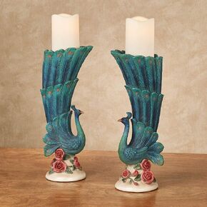 Peacock Garden Handpainted Candleholders Blue/Green 6.5" Wx5 Dx15 H Pair