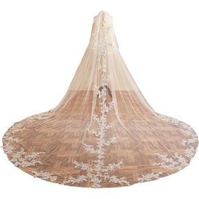 AiberLisha 2 Tier Long Cathedral Length Sequin Lace Wedding Bridal Veil With Metal Comb