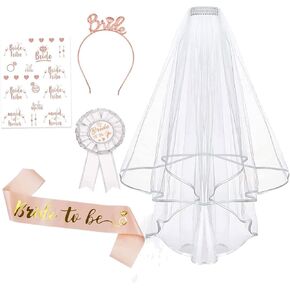 Lecone Bridal Shower Decoration, 5 Pieces Bride to be Sash and Veil Bride Headband Tiara Garter Bride Shower Decor Wedding Veil Hair Accessories