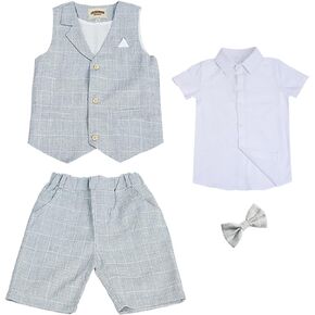 aromm Boys's Formal Suits Slim Fit Vest +Short Pants + Shirt + Bowtie 4 Pieces Summer Clothing Set