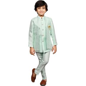 AHHAAAA Kids Ethnic Silk Blend Traditional Wear Bollywood Style Sherwani Waistcoat Kurta and Pyjama with Mala for Boys 526