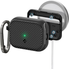 Spigen Mag Armor (Mag Fit) Designed for AirPods Pro 2nd Generation Case 2022/2023 (USB-C/Lightening Cable) MagSafe Compatible Case Cover with Keychain (Magnets Embedded) - Matte Black