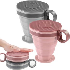 ABSOK Pack of 2 foldable silicone cups, foldable travel cups with plastic lids, reusable portable cup set suitable for camping and hiking
