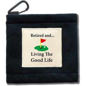 TOUNER Retired and Living The Good Life Funny Golf Ball Cleaning Towel Pocket with Clip Wiping Cloth Cleaning Tool, Golf Accessories, Golf Fan, Husband Grandpa, Dad, Retirement Gift for Men Women