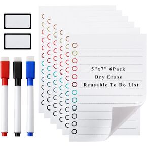 Mornajina 6Pcs Dry Erase to Do List 5x7 inch, Whiteboard Stickers for Wall with 3 Markers, Reusable Lined Stickies Planner to Do List, Suitable for Wall, Fridge, Mirror, Desk, Glass
