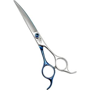 Momotou Blue & Silver Curved Dog Grooming Scissors with Decorative Imitation Diamond Sharp and Durable 7.0'' 9CR Stainless Steel Pet Cat Trimming Shears for Home User and Beginners