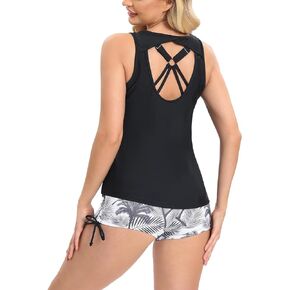 SERENYOU 3 Piece Tankini Swimsuits for Women Bathing Suits Tank Top with Leaves Print Boyshorts and Crisscross Bra