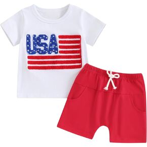 Afunbaby Baby Boy 4th of July Outfit Toddler Short Sleeve T Shirts Stars Stripes Shorts Fourth of July Summer Clothes