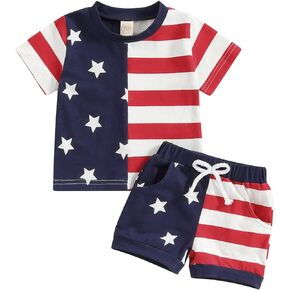Afunbaby Baby Boy 4th of July Outfit Toddler Short Sleeve T Shirts Stars Stripes Shorts Fourth of July Summer Clothes