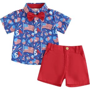 FYBITBO Toddler Baby Boy 4th of Outfits Gentleman Short Sleeve Button Down Shirt Dress Shorts Fourth of July Clothes Set