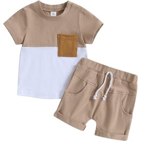Springcmy Toddler Baby Boy Outfit Set Short Sleeve T Shirt Top Elastic Drawstring Shorts with Pocket Summer 2Pcs Clothes Set