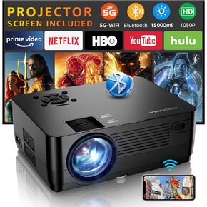 Projector with 5G WiFi and Bluetooth, Native 1080P Projector[Projector Screen Included], Full HD 15000LM Movie Projector, 300" Display Support 4k Home Theater, Compatible with Phone/Laptop/TV Stick