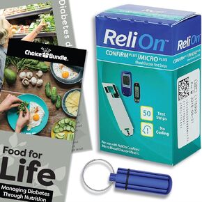 ReliOn Reli on Confirm Micro Blood Glucose Test Strips 50 Ct Choice Bundle (fits Confirm Plus/Micro Plus) + “Food for Life" Guide & Portable Pill Container (3 Items)!