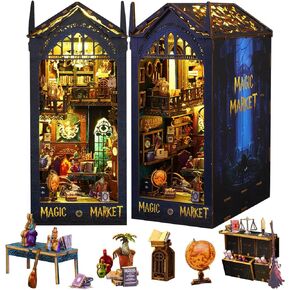 DIY Book Nook Kit, 3D Wooden Puzzle Bookshelf Decor with LED, Miniature Bookend Magic Pharmacist Dollhouse Kit for Teens and Adults
