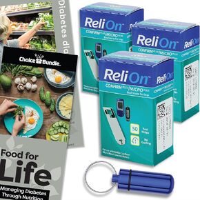 ReliOn Reli on Confirm Micro Blood Glucose Strips 50 Ct Choice Bundle (يناسب Confirm Plus/Micro Plus) + دليل "الطعام من أجل الحياة" وحاوية حبوب منع الحمل المحمولة (3 عناصر)!