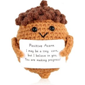 NQEUEPN Funny Positive Acorn, Creative Positive Life Acorn Cute Plush Knitted Acorn Holding Card Emotional Support Positive Potato Crochet Doll Decoration for Home Birthday Party (Coffee Color)