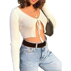 xxxiticat Women's Front Tie Up Crop Top Shirt Long Sleeve Lace Up Knitted Open Cardigan V Neck Bolero Cropped Basic Tees