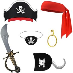 FUEAWIM 6 Pcs Pirate Accessories Include Pirate Headband Hat Eye Patch Hook Pirate Costume Accessories Halloween Priate Party Supplies