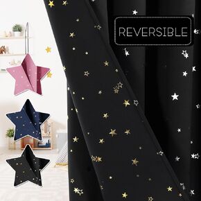 PrinceDeco 100% Blackout Star Curtains for Kids Room Reversible Use Twinkle Silver Stars Cute Drapes for Nursery Thick Soft Curtain Drapes Window Treatment 2 Panels(52 x 63 Inch, Navy Blue)