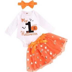 MINIFEIKO My First Halloween Outfit for Baby Girl Pumpkin Bodysuit and Tutu Skirt with Bow Headband Clothes 3 Pcs Set