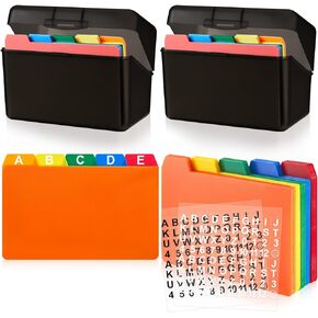 Henoyso 50 Pieces Index Card Dividers 2 Pcs Index Card Holder Storage Box Index Card Guide Set Assorted Colors 2 Sheets Alphabet Number Stickers for Office Business Classroom(Black, Blue, 3 x 5 in)
