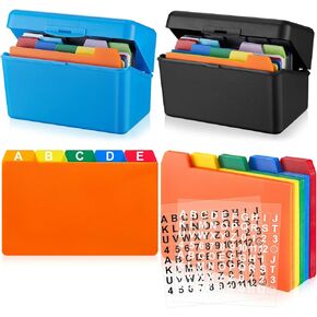 Henoyso 50 Pieces Index Card Dividers 2 Pcs Index Card Holder Storage Box Index Card Guide Set Assorted Colors 2 Sheets Alphabet Number Stickers for Office Business Classroom(Black, Blue, 3 x 5 in)