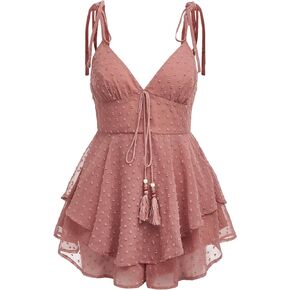WDIRARA Women's Swiss Dots V Neck Fringe Trim Tie Front Sleeveless Layered Ruffle Hem Cami Romper Shorts