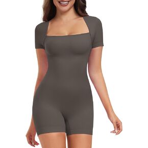 overflair Womens Seamless Workout Jumpsuits Square Neck Short Sleeve Ribbed Rompers Sexy Tummy Control One Piece Gym Unitard