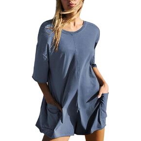 Flygo Women's Romper Short Sleeve Tee Rompers Crewneck Jumpsuit Back V Neck Casual Hot Shot One Piece Outfits with Pockets