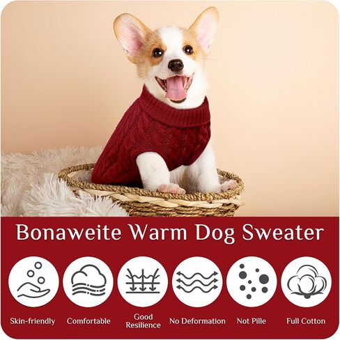Bonaweite Dog Pullover Sweater, Soft Puppy Turtleneck Sweater for Small Medium Dogs Cats, Cable Knitwear Outfit, Dog Winter Clothes for Cold Weather in Saudi Arabia