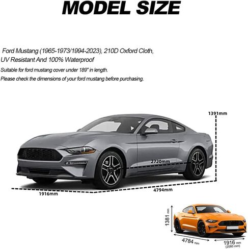غطاء سيارة لسيارة موستانج، فورد موستانج (1965-1973/1994-2023)، قماش أكسفورد 210D، مقاوم للأشعة فوق البنفسجية ومقاوم للماء بنسبة 100%، غطاء سيارة، أغطية سيارة مقاومة للماء in Kuwait