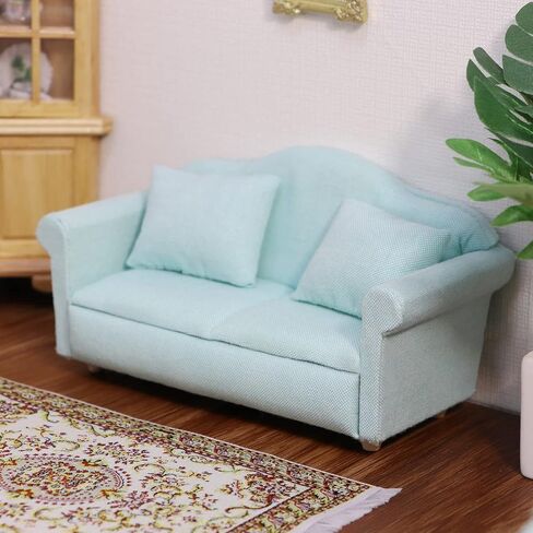 Dollhouse Couch Miniature Furniture Sofa with Pillows for Living Room Desktop Decoration Fabric Sofa Mini Home Scene Accessories Ornament (Double Sofa, White) in Kuwait